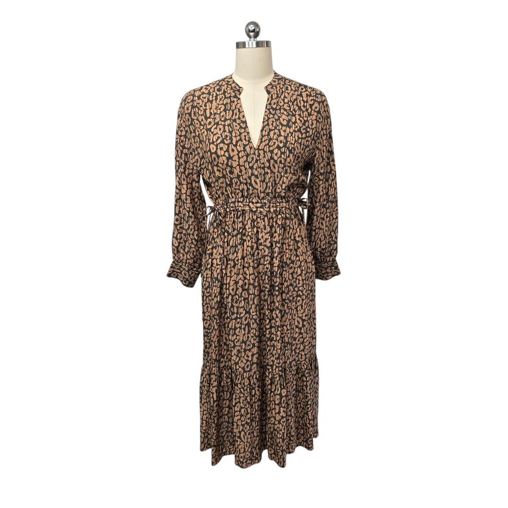 Rails Maple Batik‎ Cheetah Print Long Sleeve Tiered Midi Dress Womens Size XS